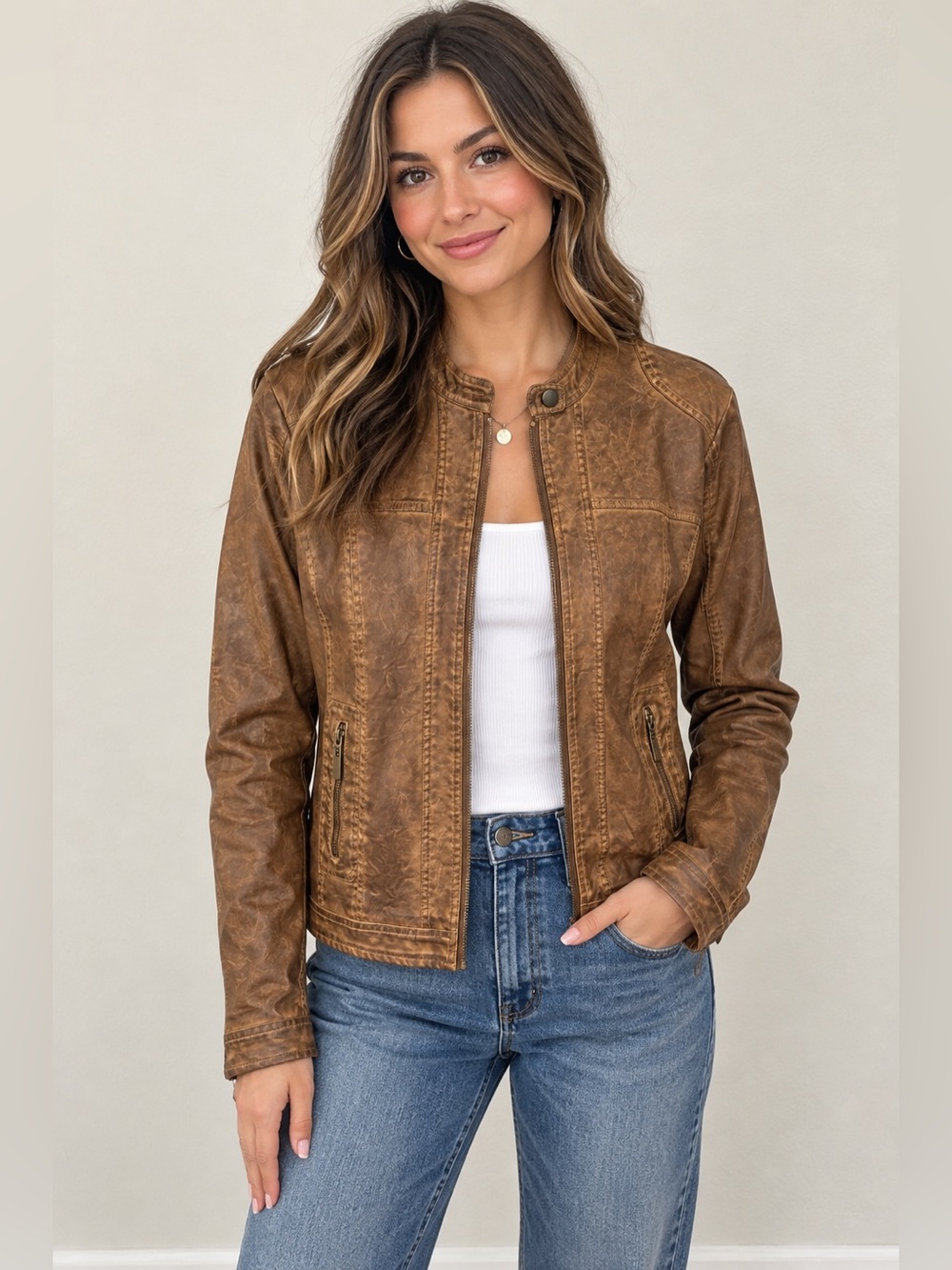 Urbanology Brown Leather Zip Motorcycle Jacket